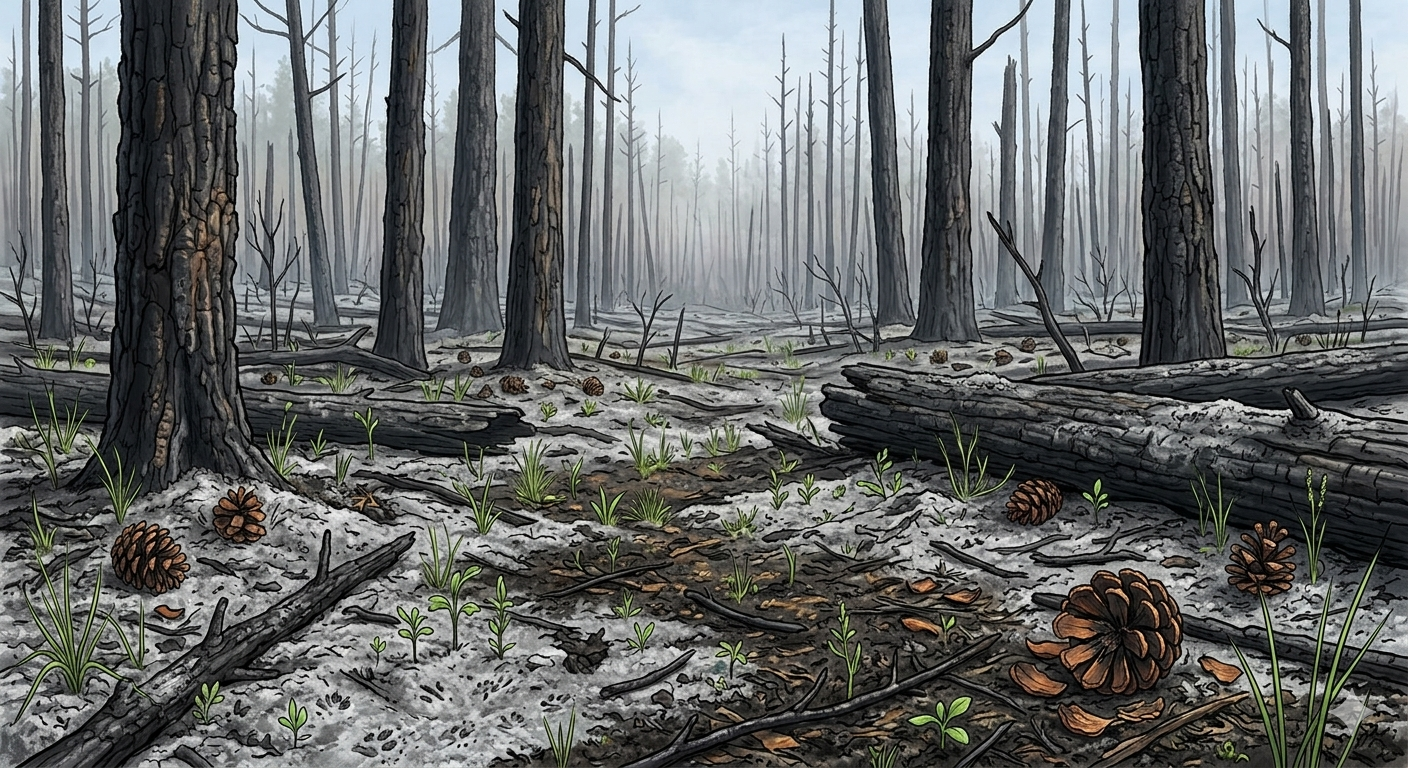 Close-up view of the forest region after the fire showing ash, pine cones, and new plant growth
